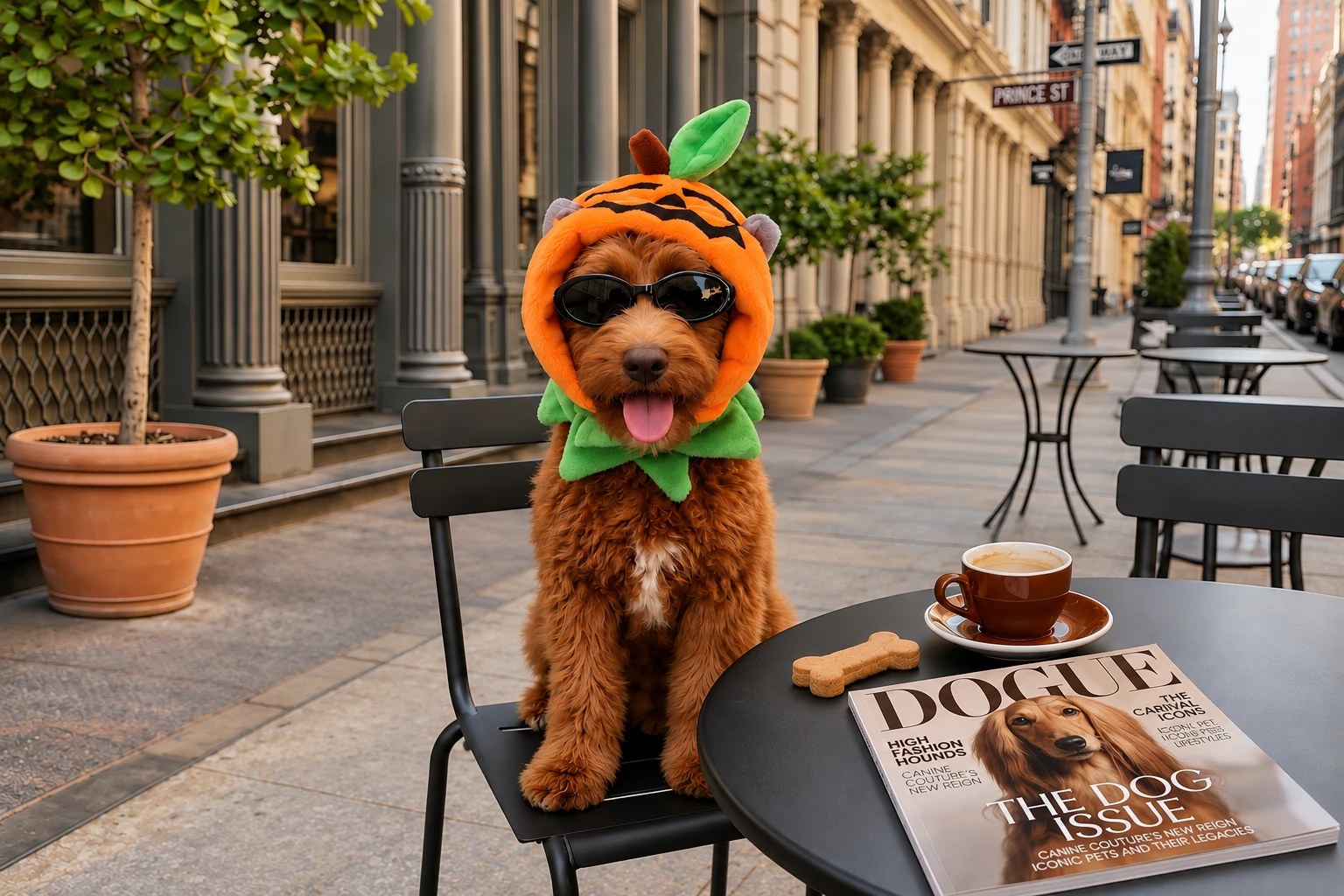 Perro con gorro de calabaza y gafas de sol en una terraza