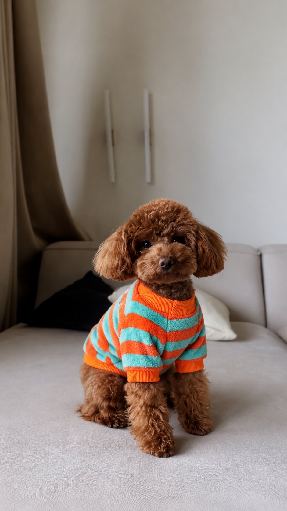 The Riviera Sweater — perro con la prenda (Rayas naranjas y azules)
