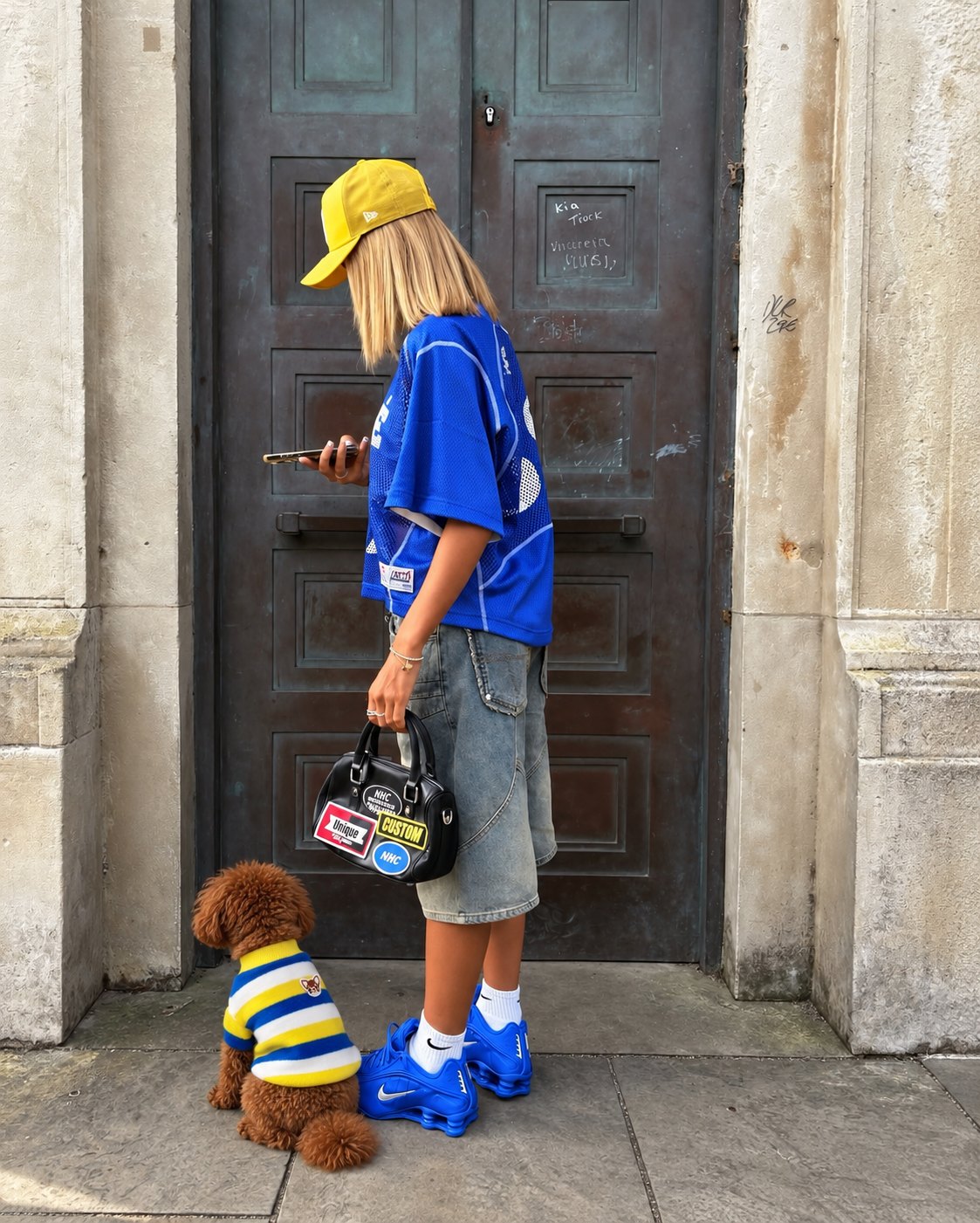 The Riviera Sweater — perro con la prenda (Rayas azules y amarillas)