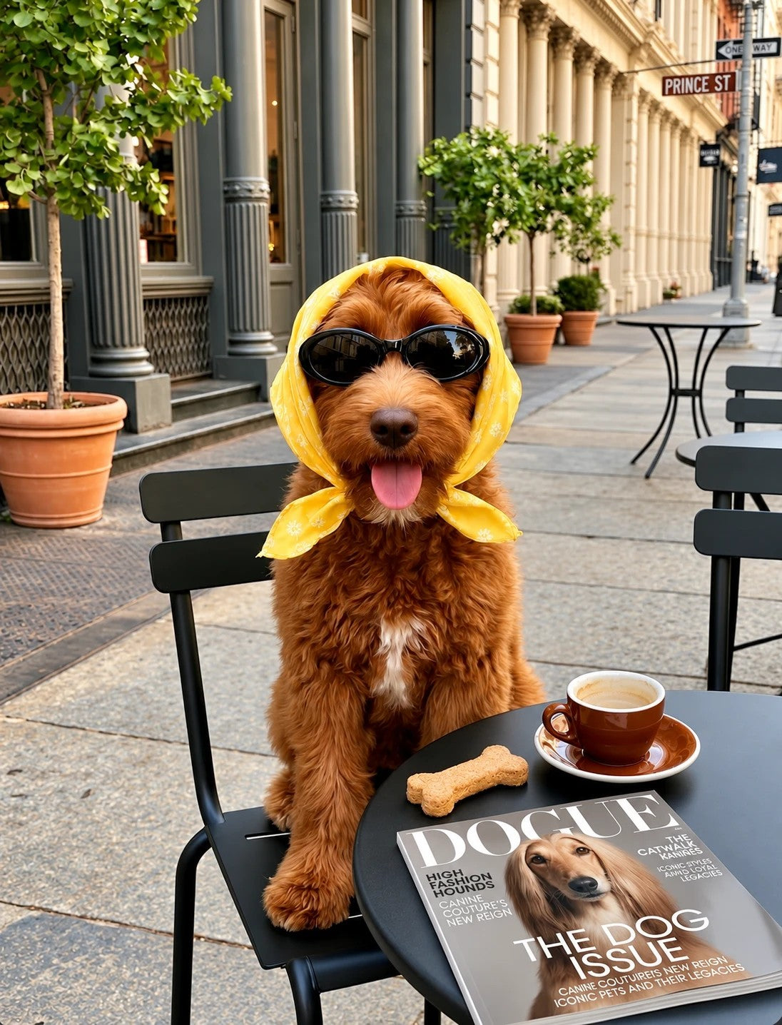 Perro con pañuelo amarillo y gafas de sol en una terraza con la revista DOGUE
